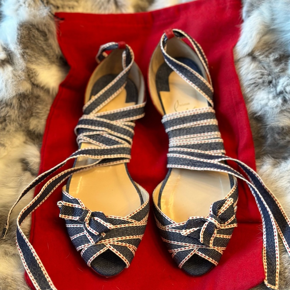 Louboutin Christeriva denim flat, size 7.5 (EU 37.5), excellent condition.